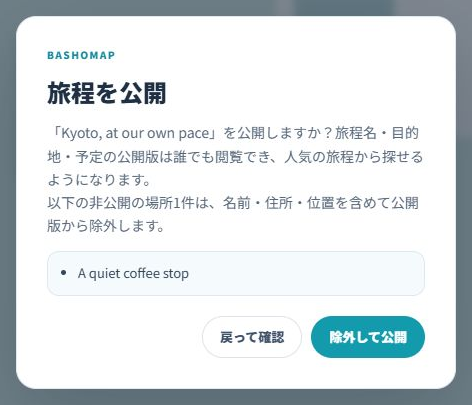 旅程を公開する前の確認画面。公開される内容と、非公開の場所が除外されることを確認できる。
